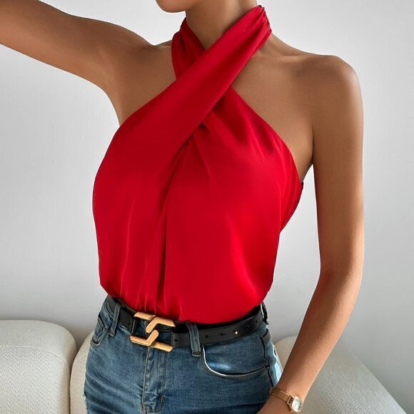 Red Casual Women's Solid Cross Front Backless Halter Top - Picture 1 of 6